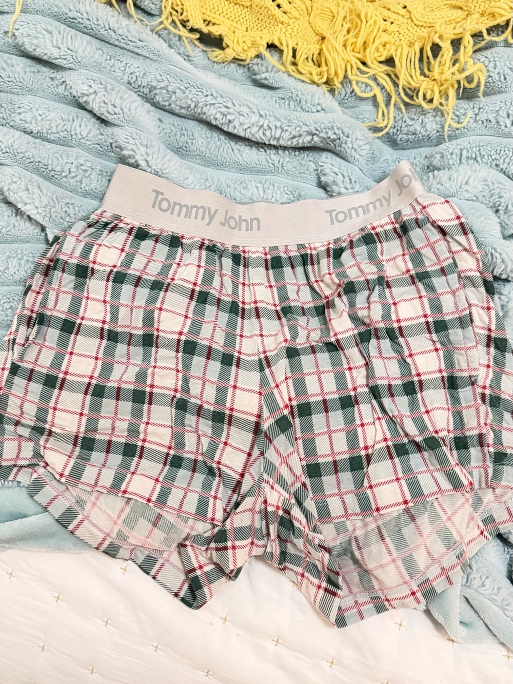 Tommy John Plaid Cotton Lounge Shorts in White, Green & Red